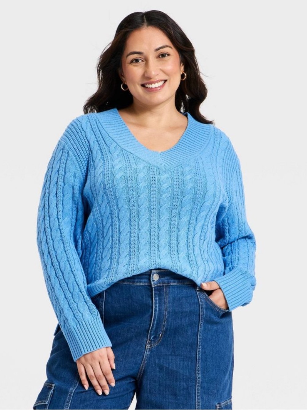 Ava & Viv NWT 1X cobalt blue Cable Knit V-Neck Sweater